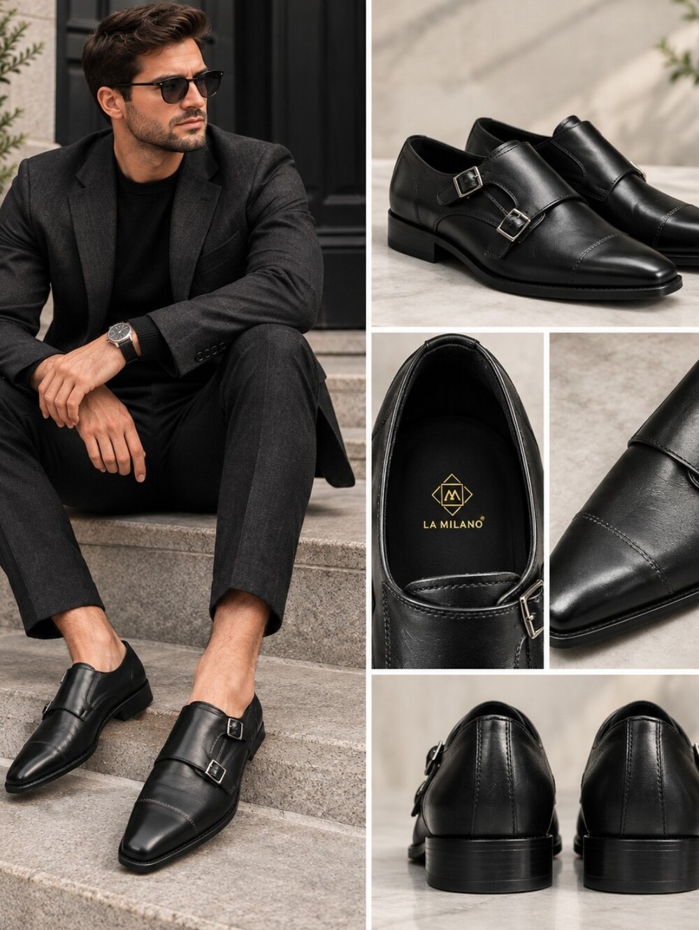 La Milano Black Double Monk Strap Leather Oxfords